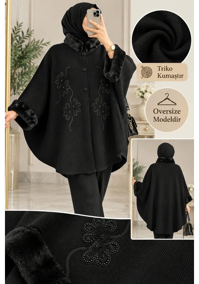 Genel Markalar Novea Scarf İşlemeli Kürklü Triko Panço Siyah - 936043086 Siyah
