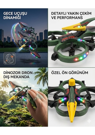 Uzaktan Elde Özel Kumandalı Uçak Dinozor Dron 2.4ghz 360 Derece Dönebilen Led Işıklı Otomatik