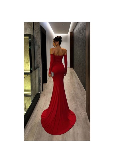 DefyModa Kadın Günlük Tek Omuz Taş Detaylı Abiye Elbise Kırmızı