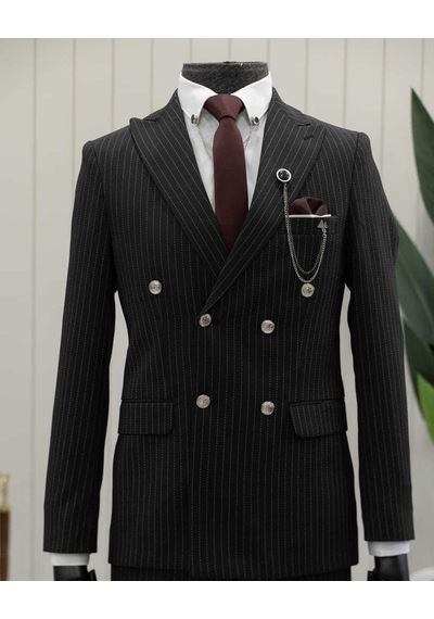 Beystil Sivri Yaka Siyah Çizgili Kruvaze Takım Elbise Lecce- Slim Fit Siyah