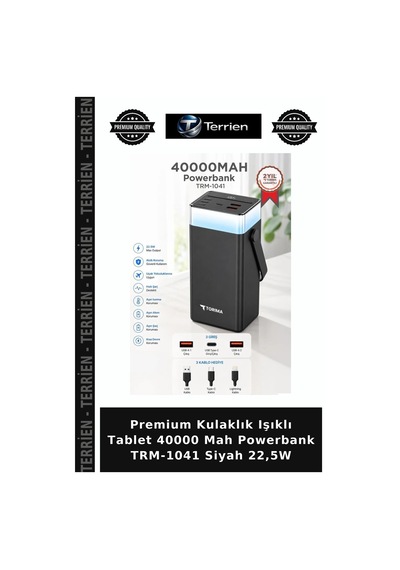 Premium Kulaklık Işıklı Tablet 40000 Mah Powerbank Trm-1041 Siyah 22,5w Çok Renkli