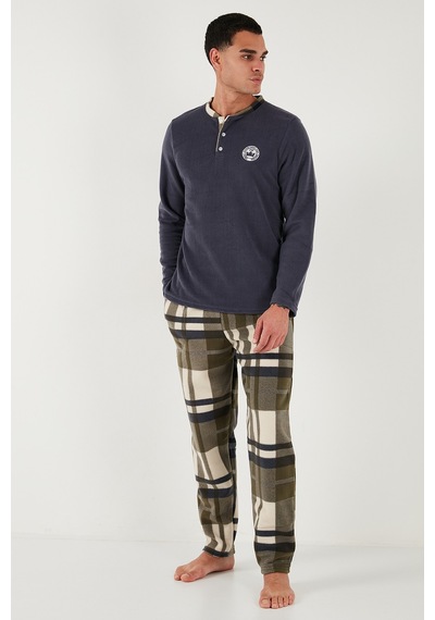 Buratti Ekoseli Regular Fit Düğmeli Bisiklet Yaka Kışlık Polar Erkek Pijama Takımı 60961008 Gri