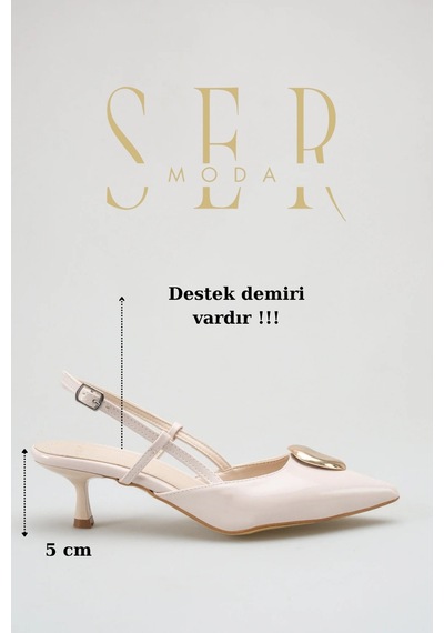 Sermoda Topuklu Kadın Ayakkabı - 5 Cm İnce Topuklu Sivri Burun Arka Açık Stiletto Ayakkabı Ten Rugan