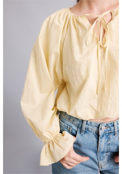 Defacto Regular Fit Büzgülü Balon Kollu Crop Poplin Basic Bluz I4684ax26aubg355 Bej-bg355