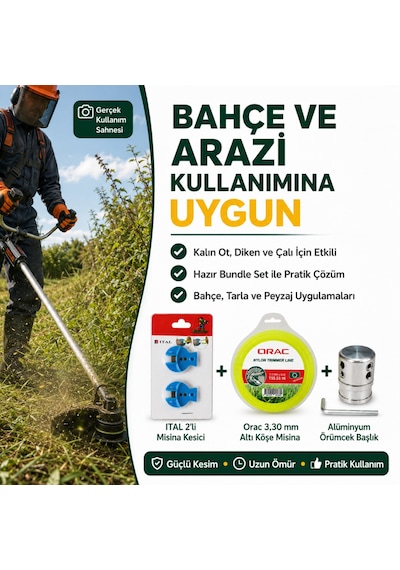 Tırpan Örümcek Başlık Orac 3.30 Mm 46 Mt Altı Köşe Misina Ve Ital Misina Kesici 2 Li Set