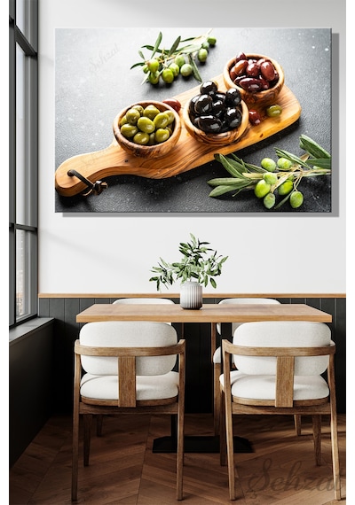 Kanvas Duvar Tablosu Yatay Lokanta Kafe Restoran Akdeniz Mutfak Siyah Yeşil Zeytin Kahvaltı Yağ