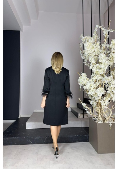 Ges Moda G0904 Kolları Otriş ve Taş Detaylı Elbise Siyah-siyah