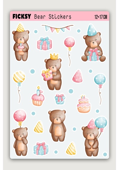 Sevimli Ayıcık Teddy Bear Doğum Günü Temalı Sticker Seti - 18 Adet Etiket Çıkartma Diğer