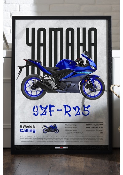 Yamaha Yzf-r25 Siyah Ahşap Çerçeveli Poster, Dekoratif Motosiklet Duvar Tablosu