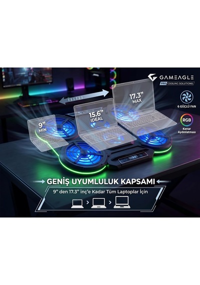 6 Fanlı Rgb Notebook Soğutucu, 9-17 İnç Laptop Uyumlu, 7 Kademeli Yükseklik Ayarı, Dijital Ekran Kontrollü, 142cfm Güçlü Hava Akışı, Sessiz Çalışma Ve Şık 10 Farklı Işık Modu Desteği Ea-04