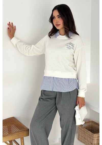Noa & Noa Kadın Gömlek Detaylı Baskılı Sweatshirt Serene Layer Beyaz