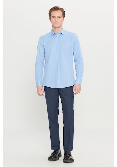 AC&Co / Altınyıldız Classics Erkek Acık Mavı Pamuklu Tailored Slim Fit Dar Kesim Klasik Yaka Armürlü Cepli Gömlek Acık Mavı