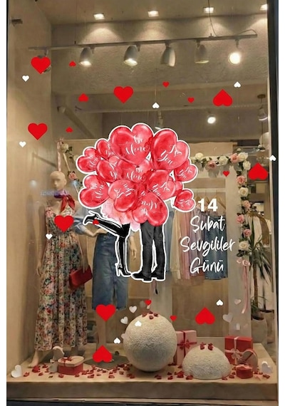 Tr Balonlar İçinde Sevgililer Kalpler Sevgililer Günü Cam Vitrin Sticker, Kendinden Yapışkanlı Dekoratif Duvar Ve Diğer