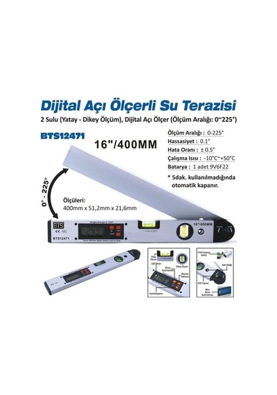 Dijital Açı Ölçerli Su Terazisi 400 Mm / 16 İnç - 2 Sulu Elektronik Eğim Ölçer 12471 Dijital Hassas Açı Ölçer Ve İki Sulu Su Terazisi 40 Cm