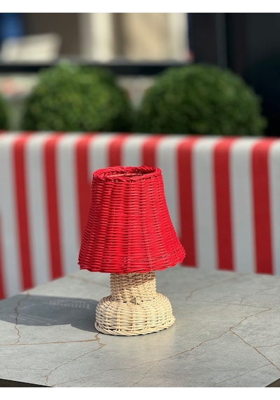 Kırmızı Rattan & Bambu Masa Üstü Kablosuz Pilli Abajur Alt- Üst Rattan Masa Lambası