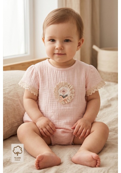 Minory Baby - %100 Pamuk Müslin Kız Bebek Tulum Pembe Pembe