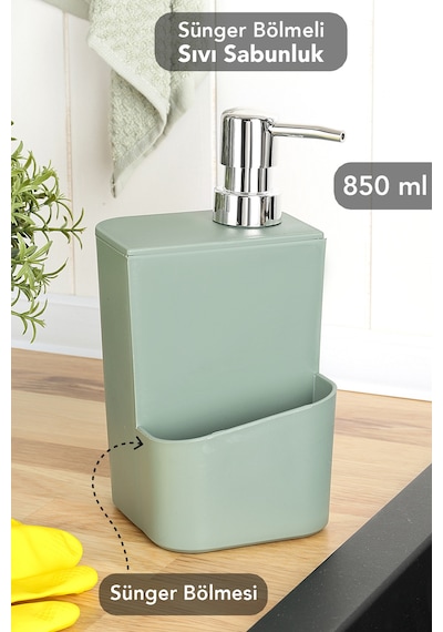 Süngerlik Bölmeli Sıvı Sabunluk - Tezgah Üstü Süngerlikli Sabunluk Mutfak Organizer 850ml Yeşil Yeşil