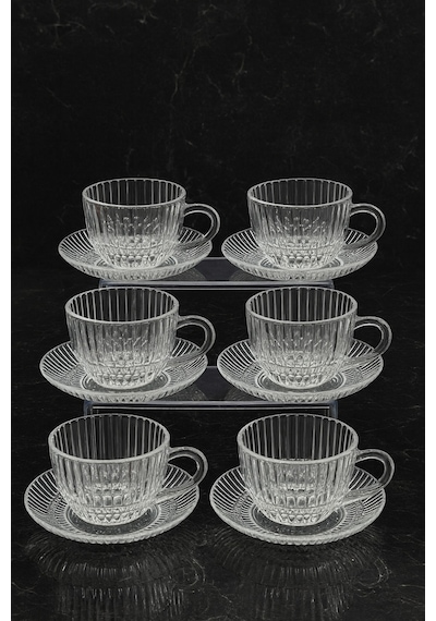 Elta Collection Cam Espresso & Türk Kahvesi Fincanı Seti 6 Kişilik Lüks Desenli Cam Bardak Takımı Çizgili Şeffaf