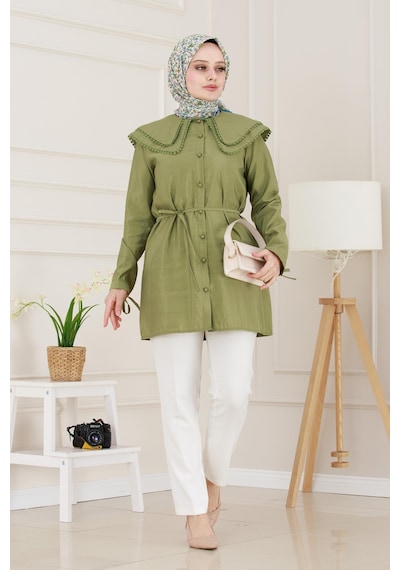 Sevitli Çift Yaka Dantelli Tunik-yeşil-4985 Yeşil