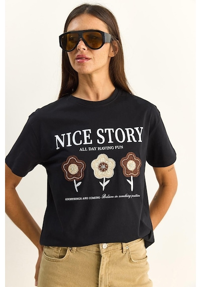 Shade Kadın Nice Story Yazı Ve Nakış Detaylı Relaxed Fit T-shirt 7635 60286116 - Siyah