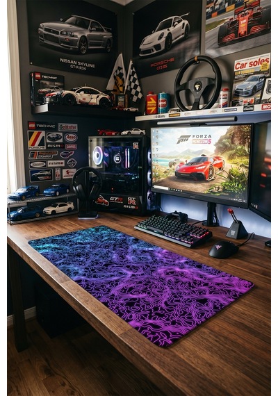 Neon Topografik Gaming Mousepad Xxl 90x40 Cm Kaymaz Taban Dikişli Kenar Oyuncu Masa Pedi Mor