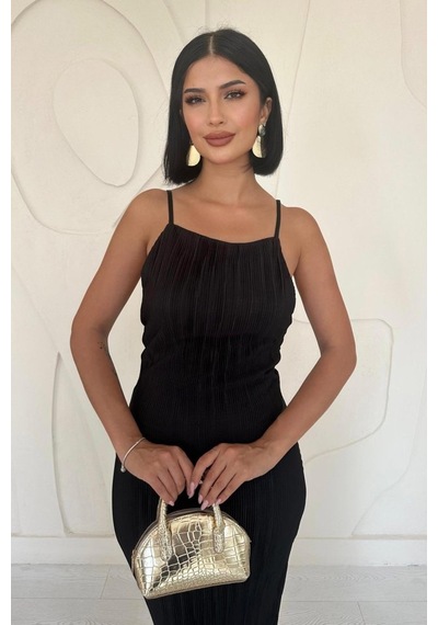 De'charme Siyah Piliseli Halter Boyun Elbise