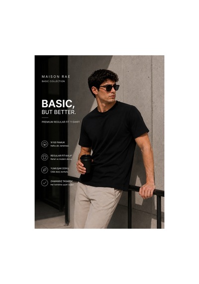 Masion Rae Erkek Tişört Siyah Regular Fit Bisiklet Yaka Pamuklu 30/1 Süprem Kumaş