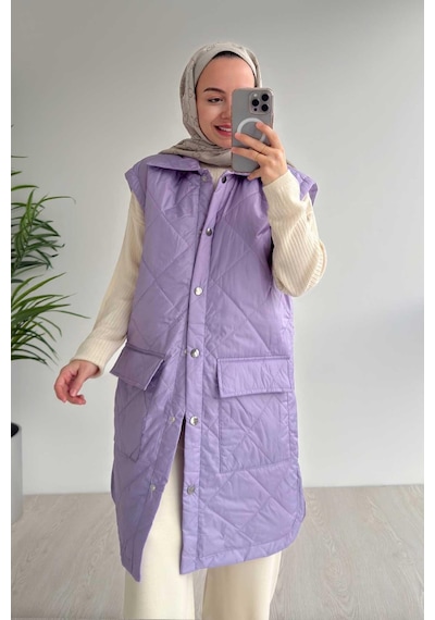 Ka Hijab Cep Detay Kapitone Yelek - Lila Lila