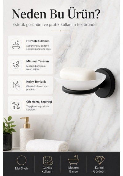 Alper Banyo Lotus Yapışkanlı Mat Siyah Sabunluk, Plastik Tabaklı