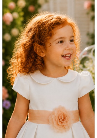 Babyhola Kız Çocuk Sade Beyaz Saten Abiye Elbise Balo Elbisesi 7152 Bej