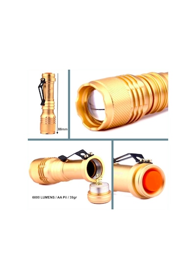 Omeniv Gold El Feneri 6000 Lümen Zoom Deprem Av Outdoor Kamp Altın