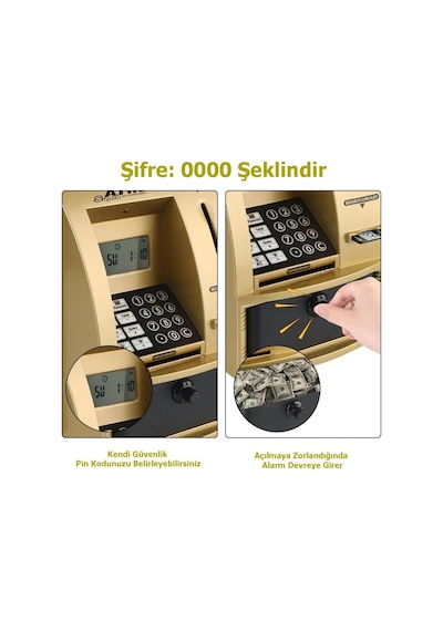 Lcd Ekran Atm Şifreli Kumbara Kağıt Demir Para Girişli Kartlı Sesli Yönlendirme Takvim Saat
