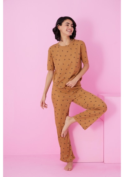 Siyah İnci Pointel Ajurlu/delikli Bisiklet Yaka Örme Pijama Takım Kahve Kelebek