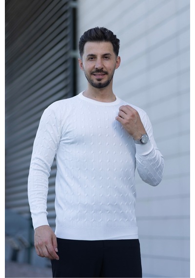 Hk Premium Triko Kazak Fitilli Slim Fit Bisiklet Yaka Likralı Kışlık Sweatshirt Beyaz