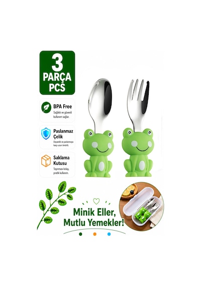 Kurbağa Figürlü Premium Çocuk Bpa Free Silikon Sap Paslanmaz Çelik Uçlu Çatal-kaşık Set 9+ Ay
