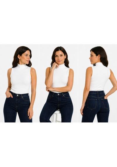 İngegno Body Yarım Balıkçın Yaka Sıfır Kol Viskon Örme Ring Kumaş Body Beyaz