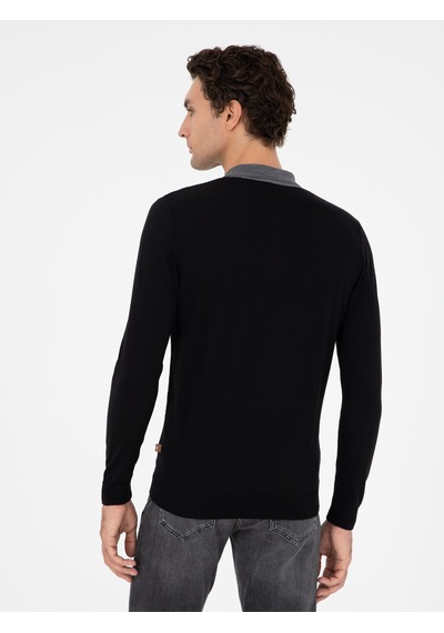 Cacharel Siyah Slim Fit Polo Yaka Fermuarlı Triko Kazak