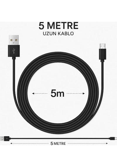 Usb To Micro Usb Şarj Kablosu 5 Metre Uzun Kablo Hızlı Şarj Destekli Charging Kablo High Speed Charging Enerji Tasarruflu Uzun Mesafe Kullanım İçin Usb Input Uyumlu Zr940