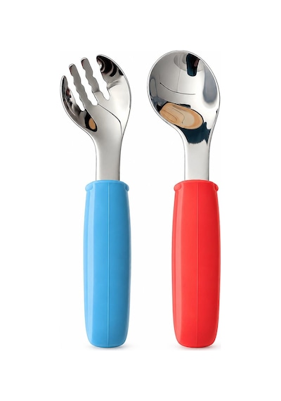 Valkyrie 2 Li Çocuk Çatal Kaşık Seti 316l Paslanmaz Çelik Ergonomik Saplı Bebek Kaşık Seti Mavi-turuncu Çok Renkli