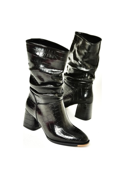 Fox Shoes T848243011 Siyah Kroko Baskı Kalın Topuklu Kadın Bot Siyah-Kroko Baskı Siyah