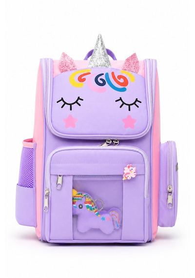 Quovo Unicorn Tarzı Aksesuarlı Ortopedik Yerli Okul Çantası Kız Erkek Beslenme Kalemlik Çanta Seti Lila