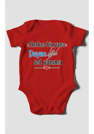 Morivokids Herkes Bir Yana, Dayım Sol Yanıma Kısa Kollu Bebek Body %100 Pamuk Kırmızı