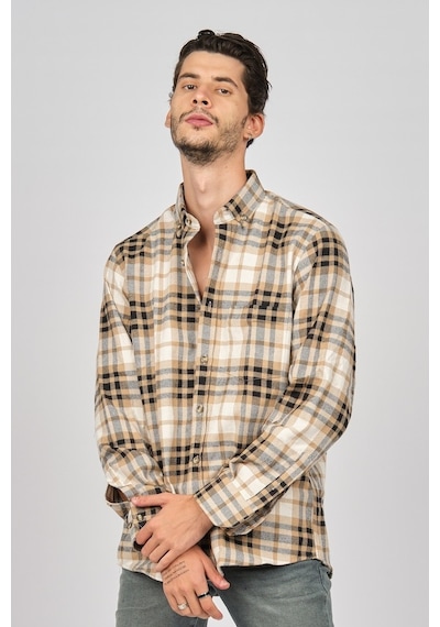 De Leone Erkek Çizgili Uzun Kollu Yün Apre Gömlek 0171113 Camel Camel