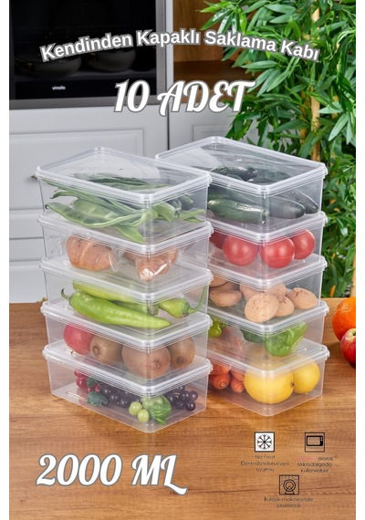 10'lu Buzdolabı Organizer Kendinden Kapaklı Mikrodalga Difrize Uygun 2000 Ml Dikdörtgen Saklama Kabı Diğer