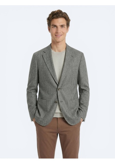 Kip Haki Desenli Modern Fit Keten Karışımlı Ceket