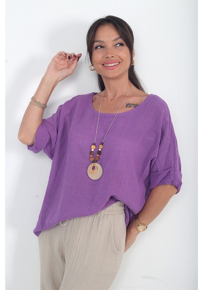 By Saygı Kadın İtalyan Coton Oversize Bluz Mor