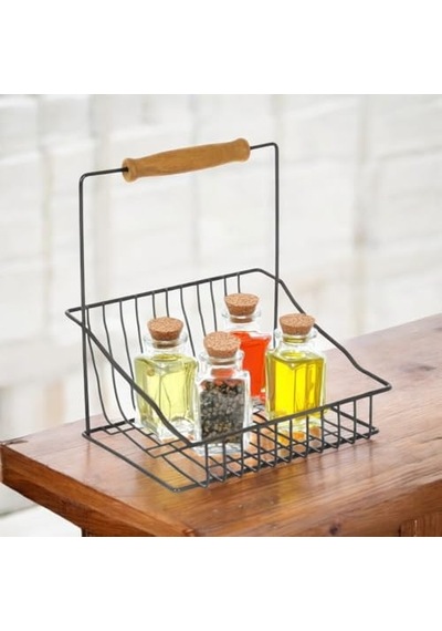 Retro Ferforje Tek Sepet, Ahşap Kulplu Mutfak Banyo Salon Ofis Düzenleyici Sepet Organizer Siyah, 20x20 Cm Diğer