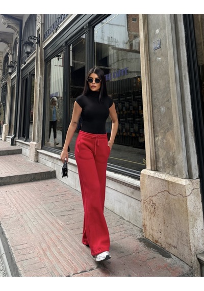 Out Of Standart Kadın Wide-leg Kalıp Beli Lastikli Kordon Detaylı Eşofman Altı Kırmızı