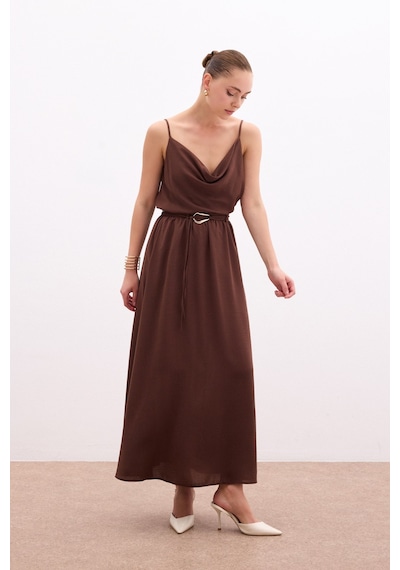 Sateen Kemerli Uzun Etek - Kahve-136082 Kahve