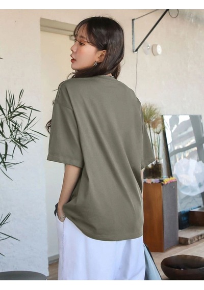 Flood Of Style Kadın Haki Yeşil Original Vintage Raw Baskılı Oversize Bisiklet Yaka Tshirt